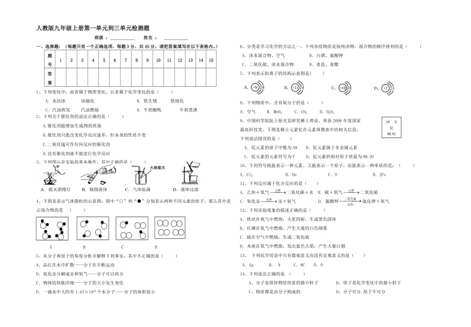 人教版九年级化学第1-3单元测试题_第1页