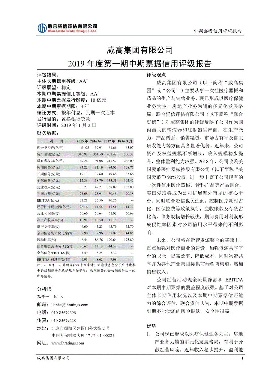 威高集团有限公司2019第一期中期票据信用评级报告_第1页