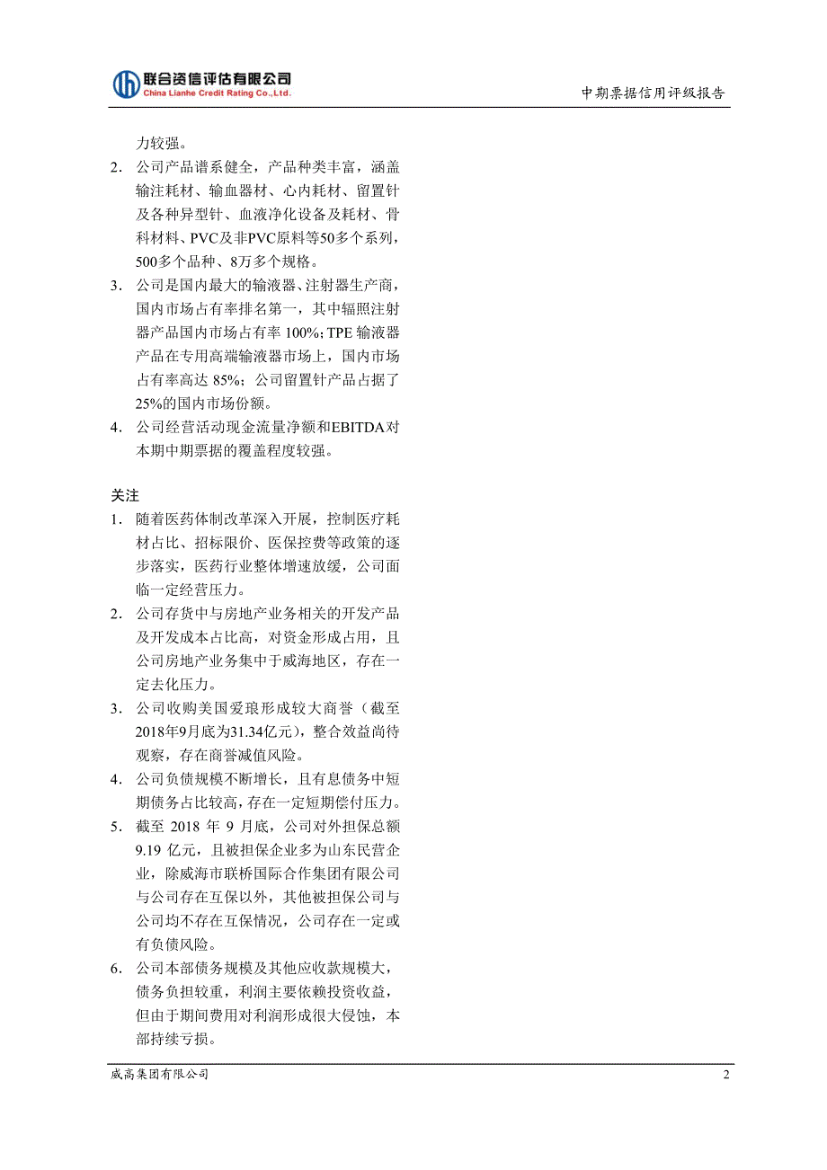 威高集团有限公司2019第一期中期票据信用评级报告_第2页