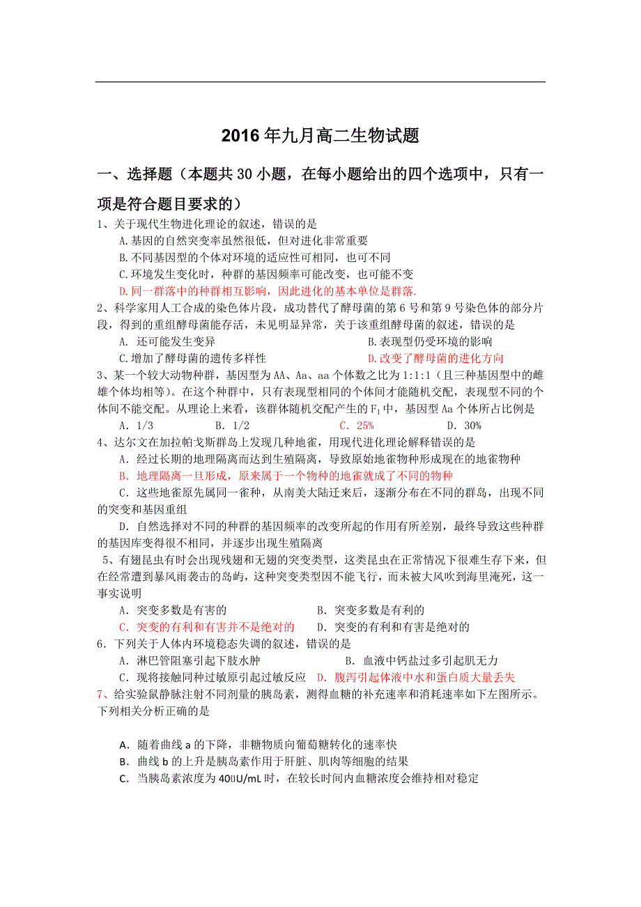 2016-2017年高二生物第一次月考试题及答案_第1页