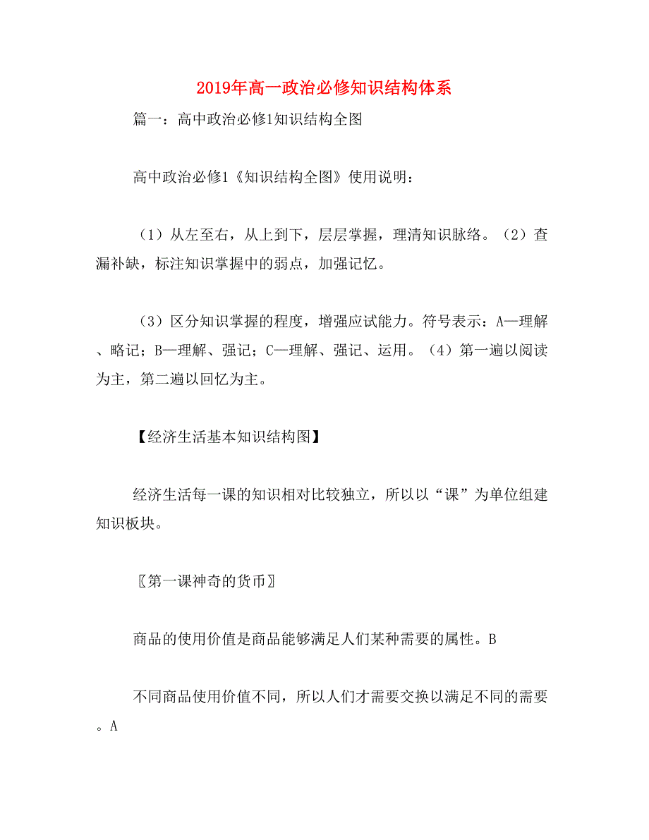 2019年高一政治必修知识结构体系_第1页