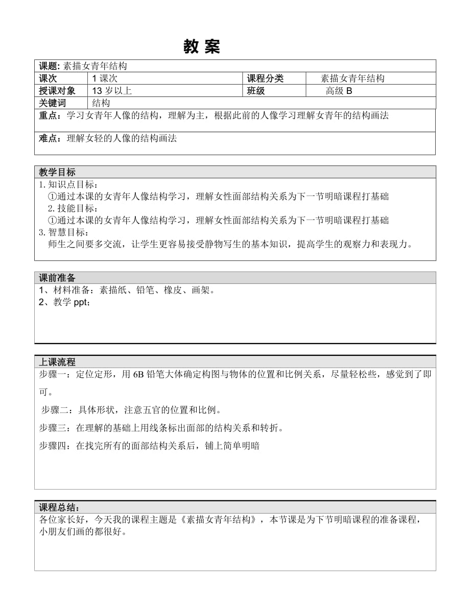 六年级下册美术课外班教案-女青年侧面 全国通用_第1页