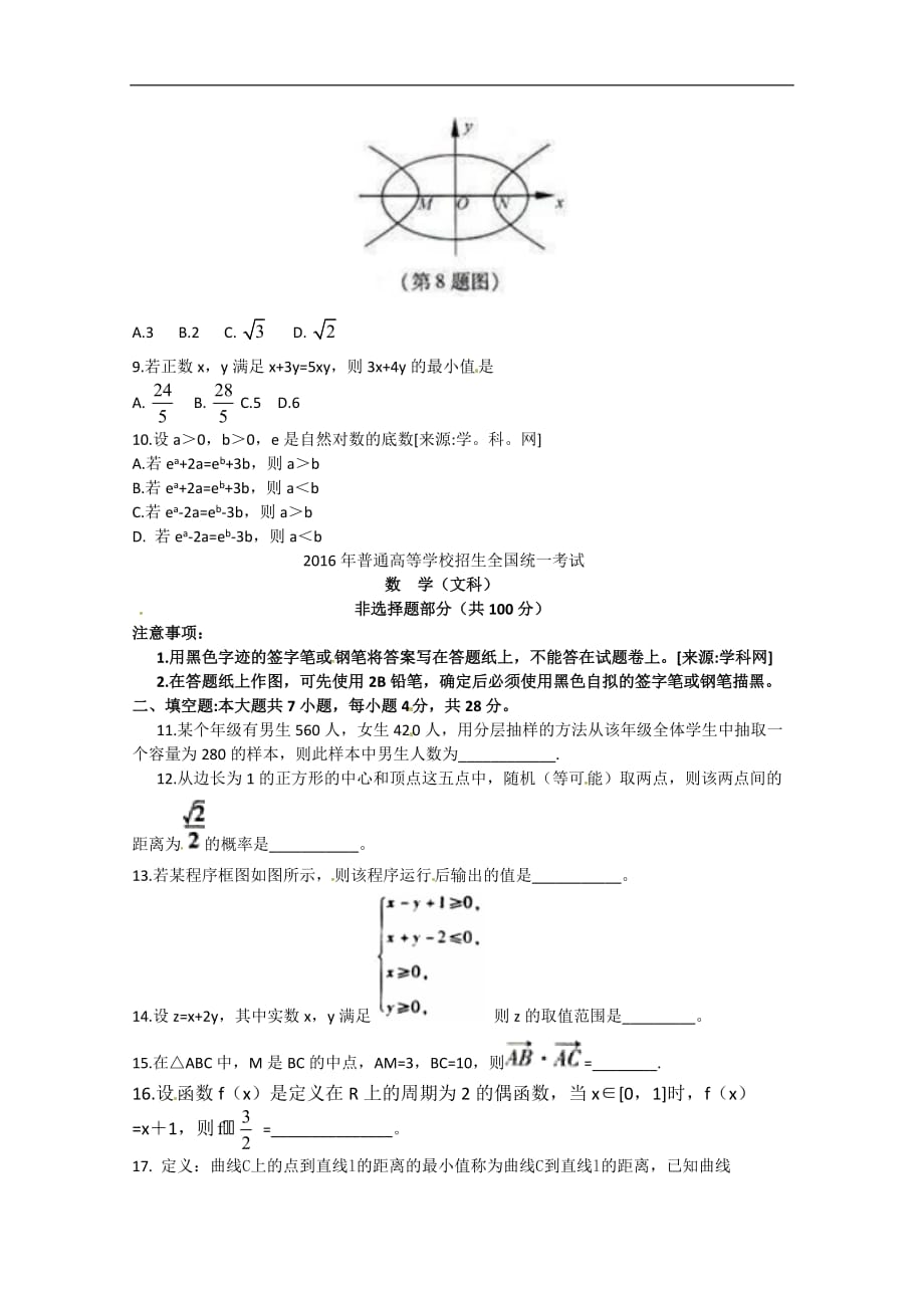 2016浙江省高考文科数学试卷（文数）_第3页