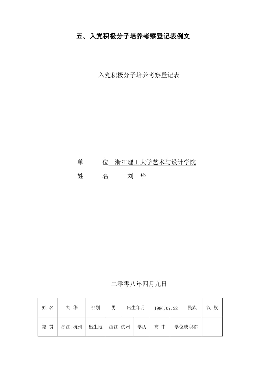 入党积极分子培养考察登记表例文_第1页