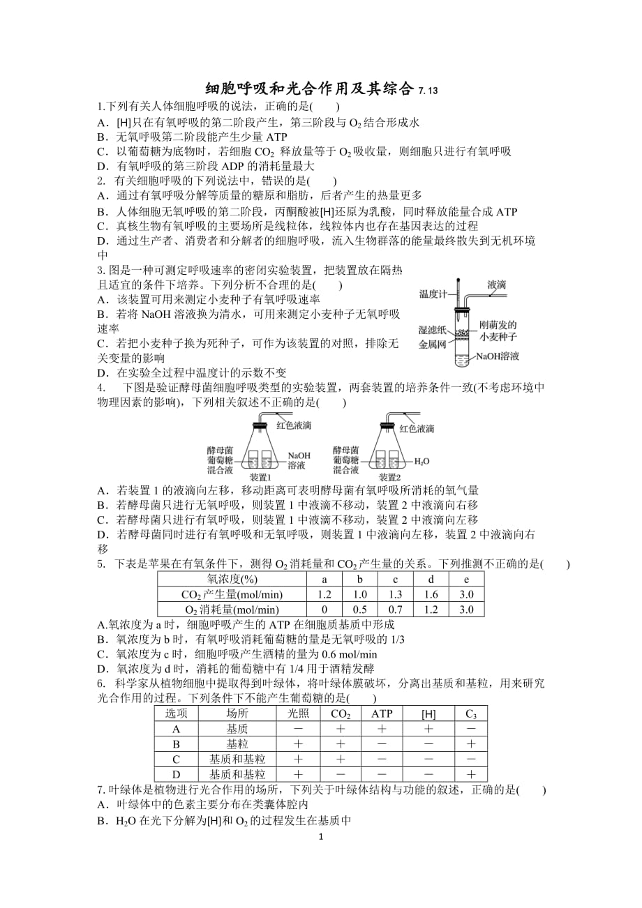 一轮复习：细胞呼吸和光合作用及其综合_第1页