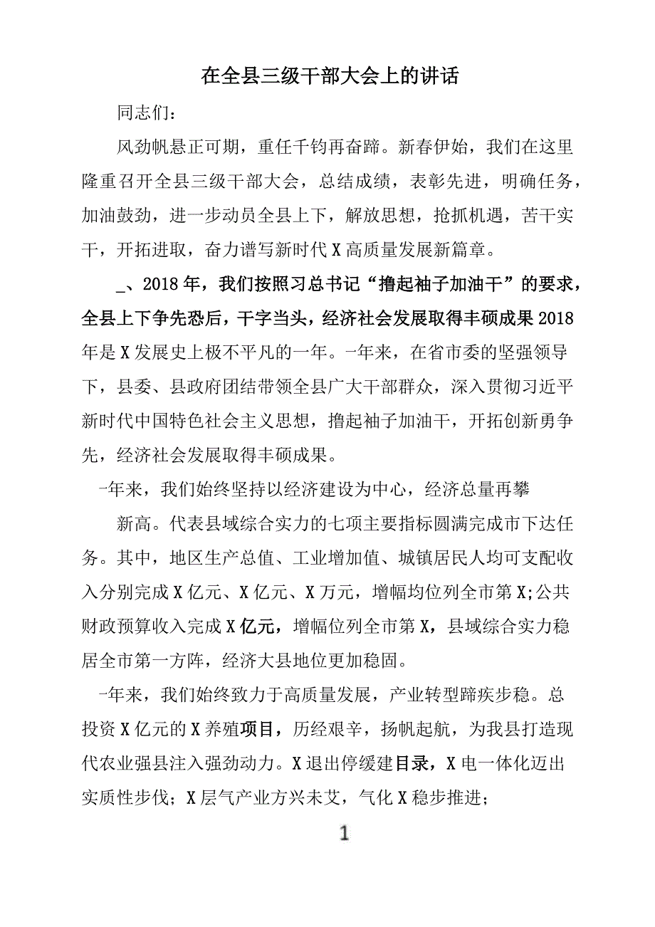 2019年在全县三级干部大会上的发言稿材料_第1页