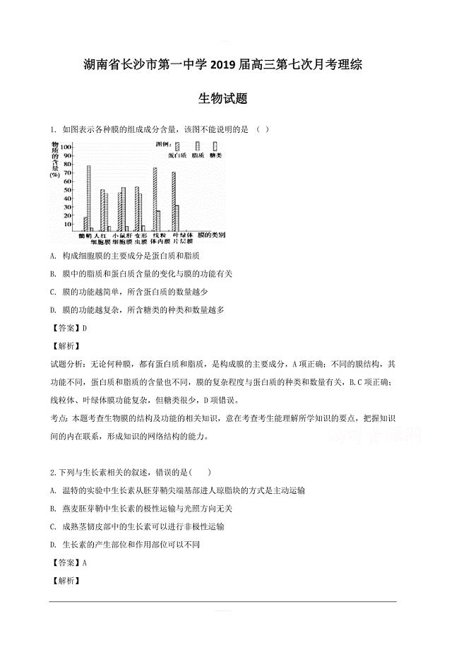 湖南省2019届高三第七次月考理综生物试题 含解析