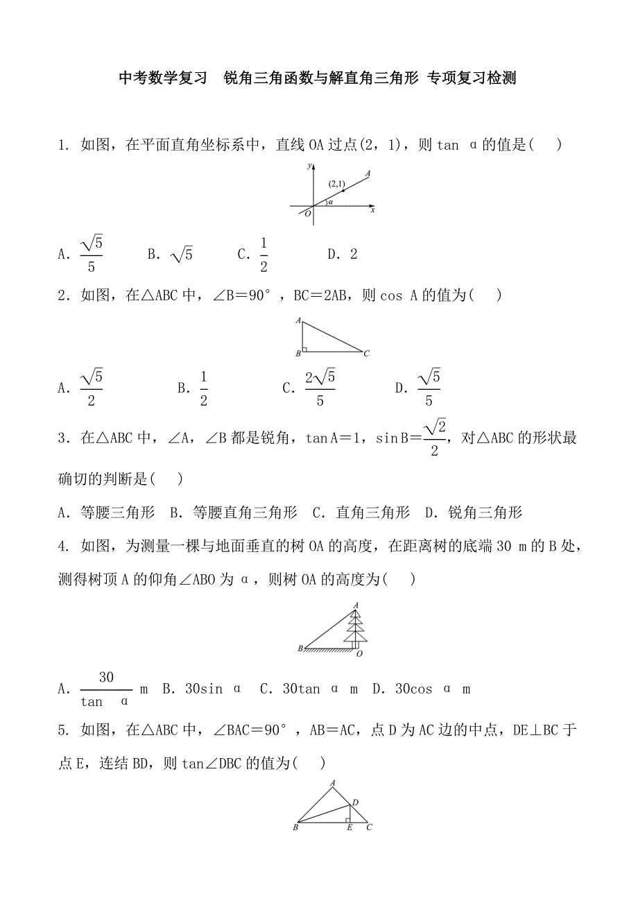 中考数学复习 锐角三角函数与解直角三角形 专项复习检测 含答案_第1页