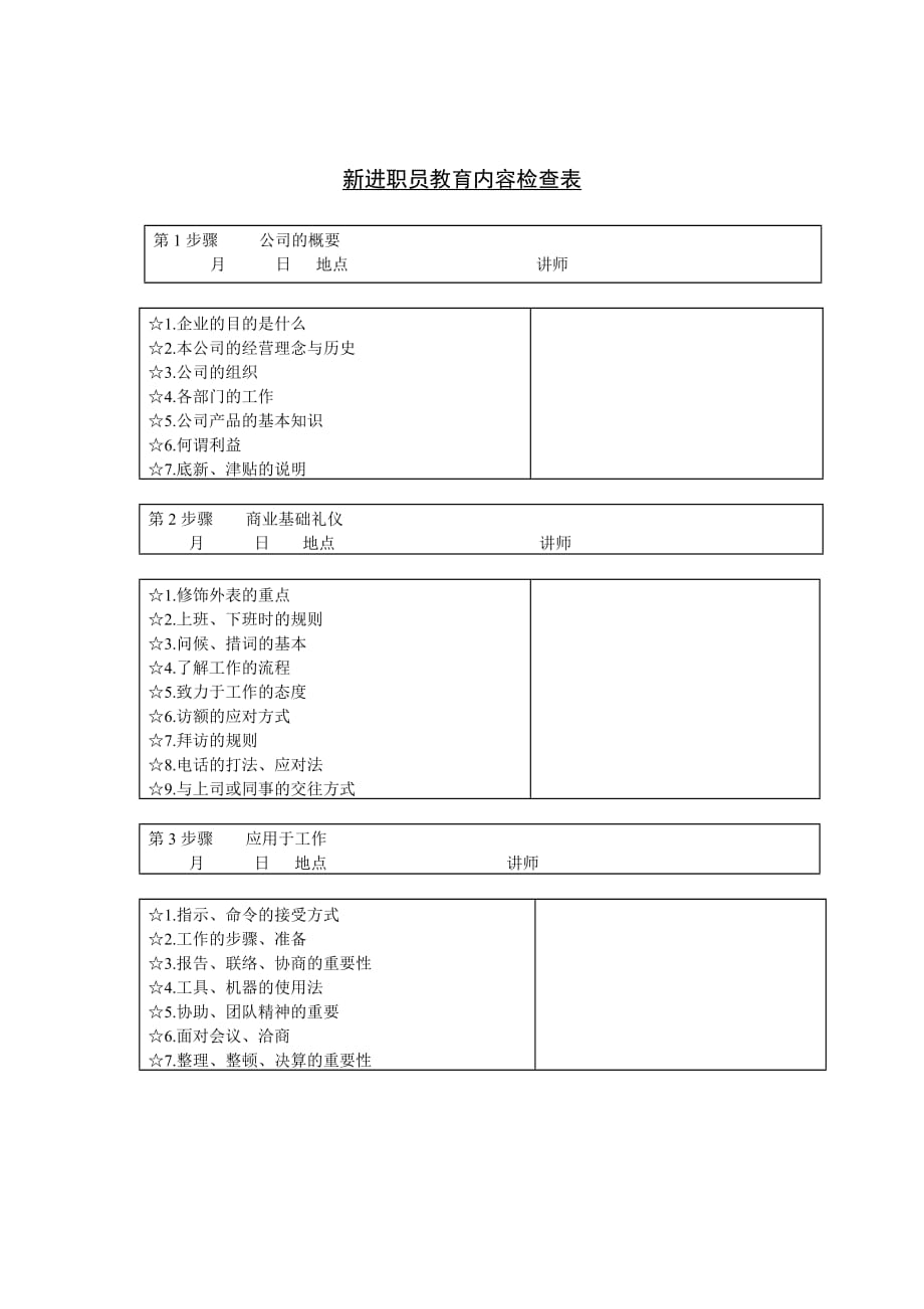 新进员工教育内容检查表.doc_第1页