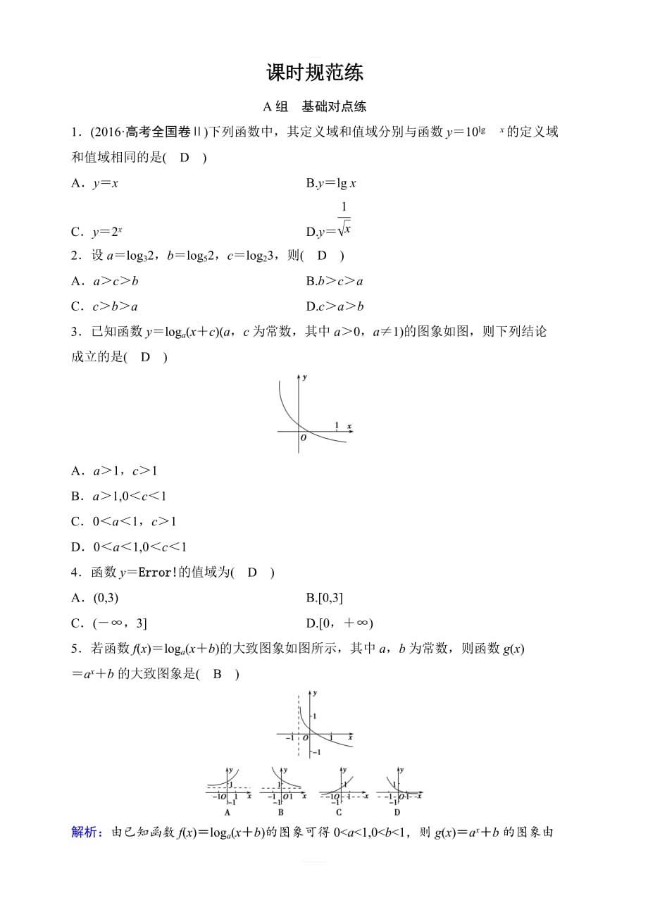 2020年高考文科数学新课标第一轮总复习练习：2-5对数函数含解析_第1页