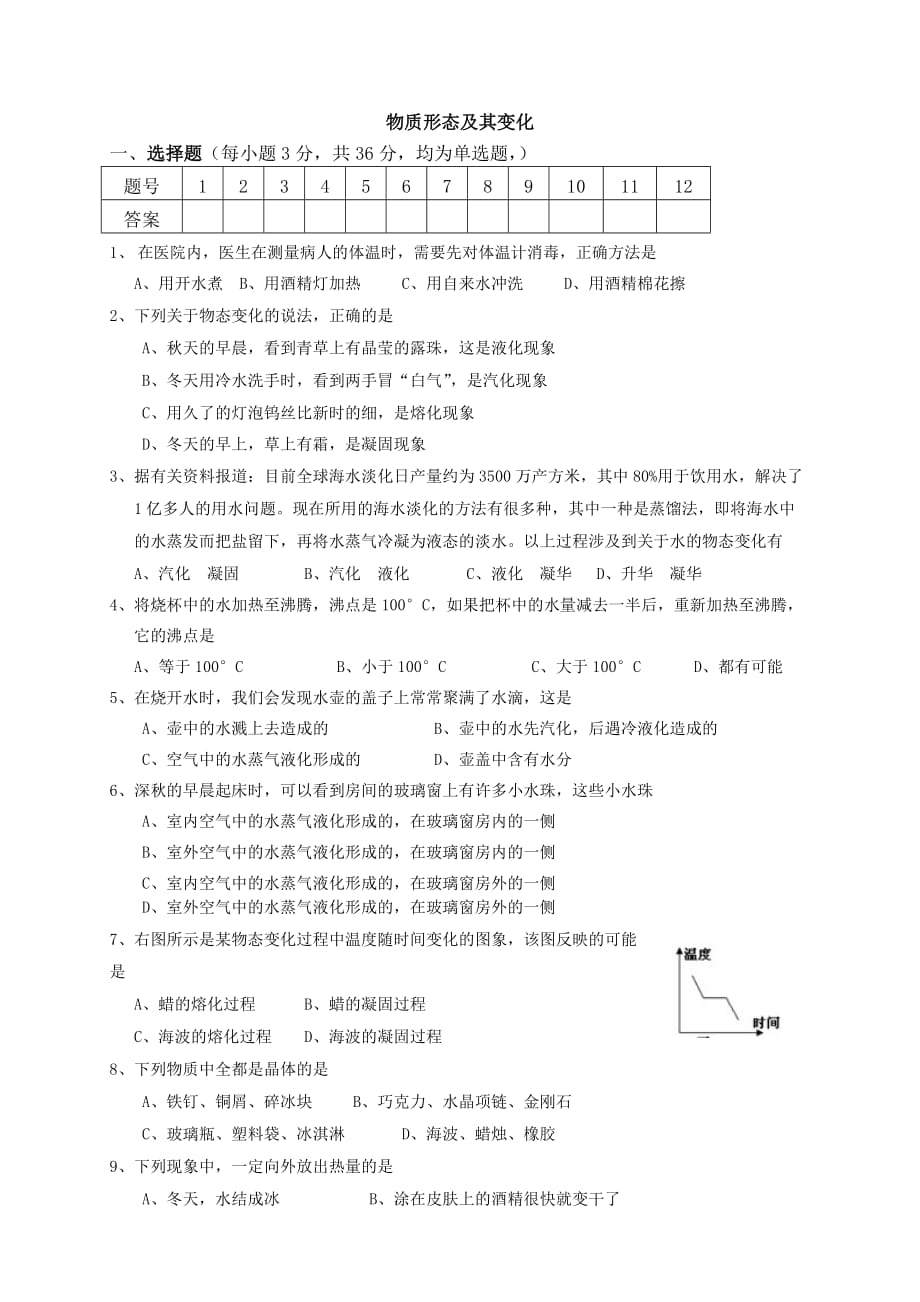 八年级物理物质形态及其变化练习题及答案_第1页