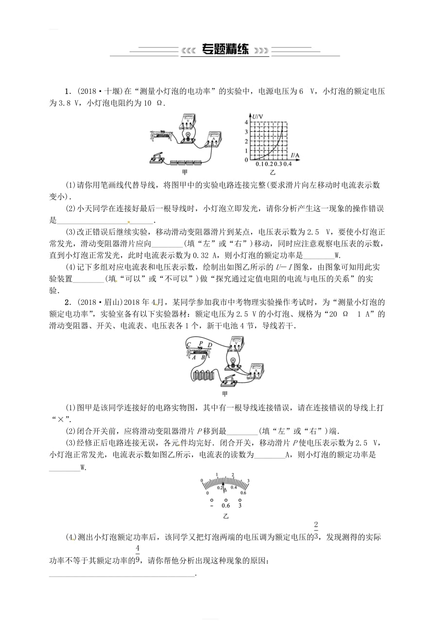 2019年中考物理总复习小专题（九）测量小灯泡的电功率习题_第2页