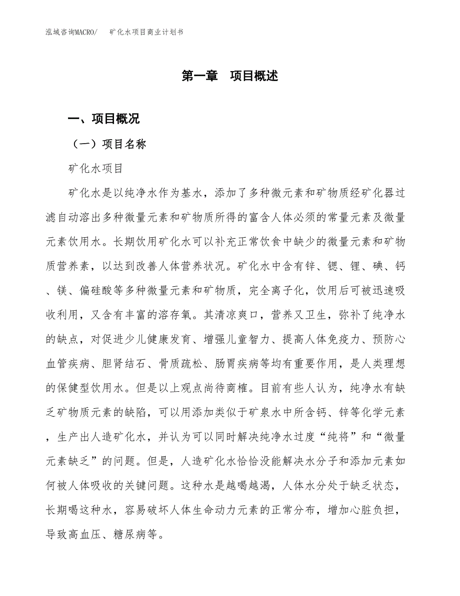 矿化水项目商业计划书模板_第1页