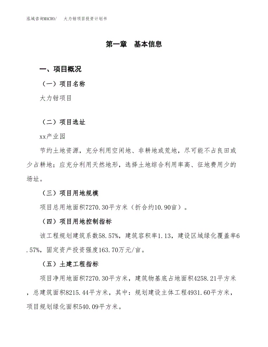 大力钳项目投资计划书(规划建设方案).docx_第1页