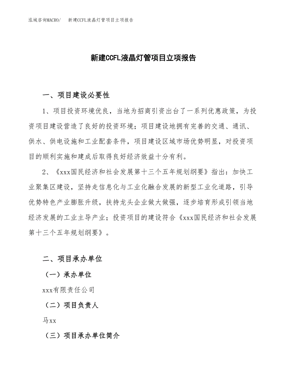 新建CCFL液晶灯管项目立项报告模板参考_第1页