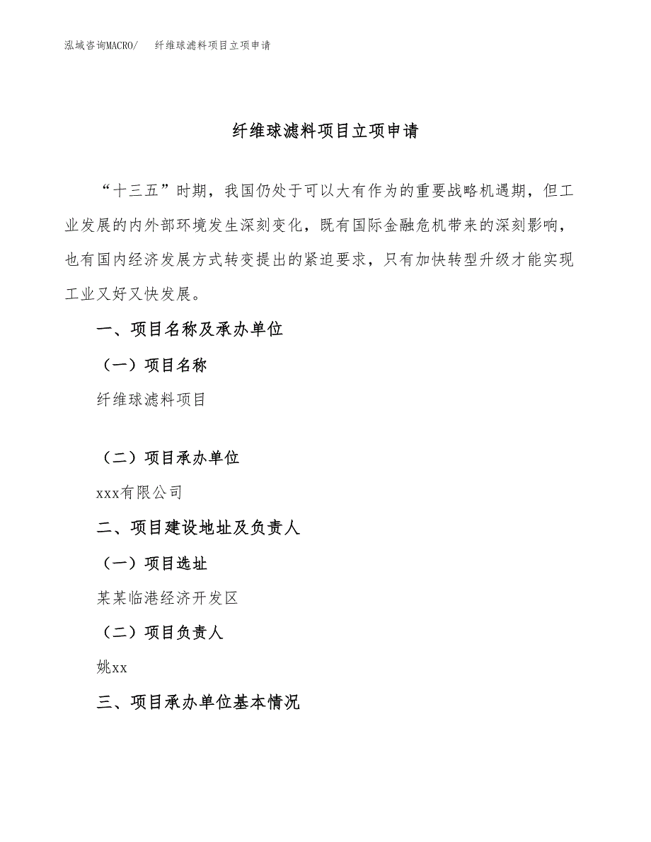 纤维球滤料项目立项申请（案例与参考模板）_第1页