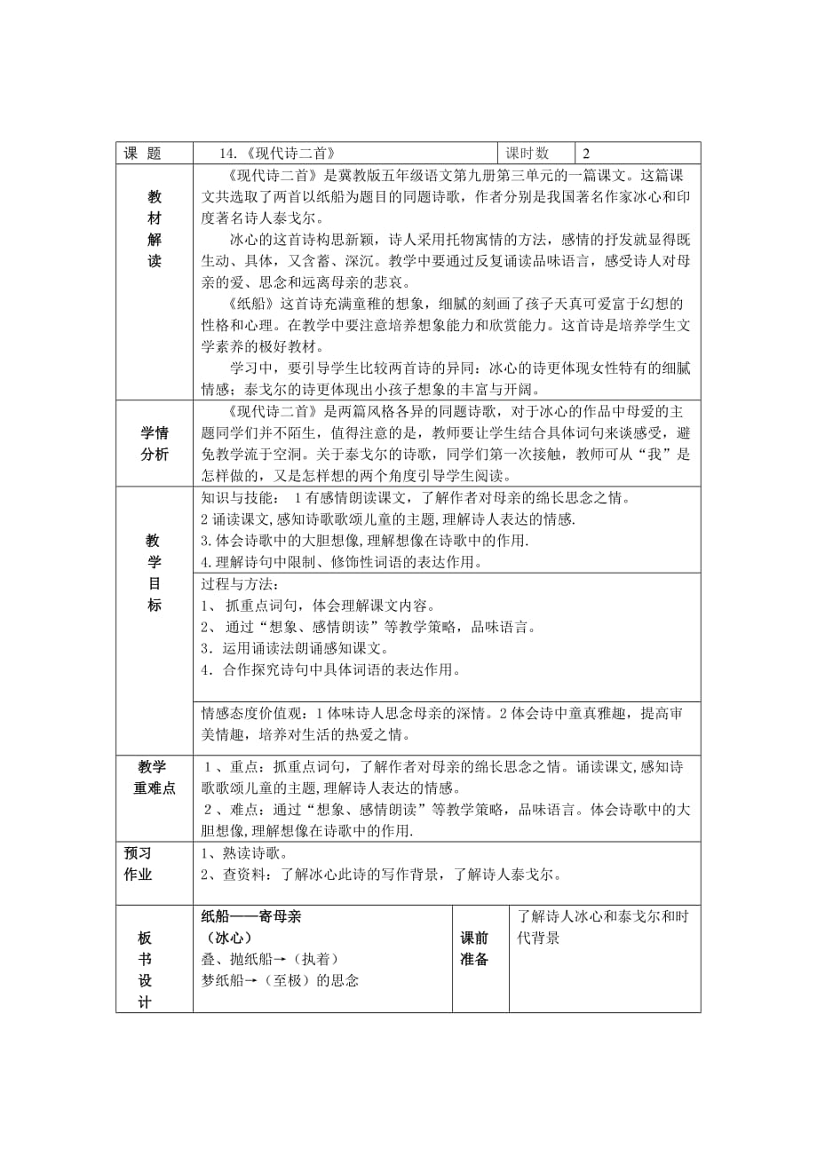 五年级上册语文教案-3.4 纸船——寄母亲 ▎冀教版 (2)_第1页