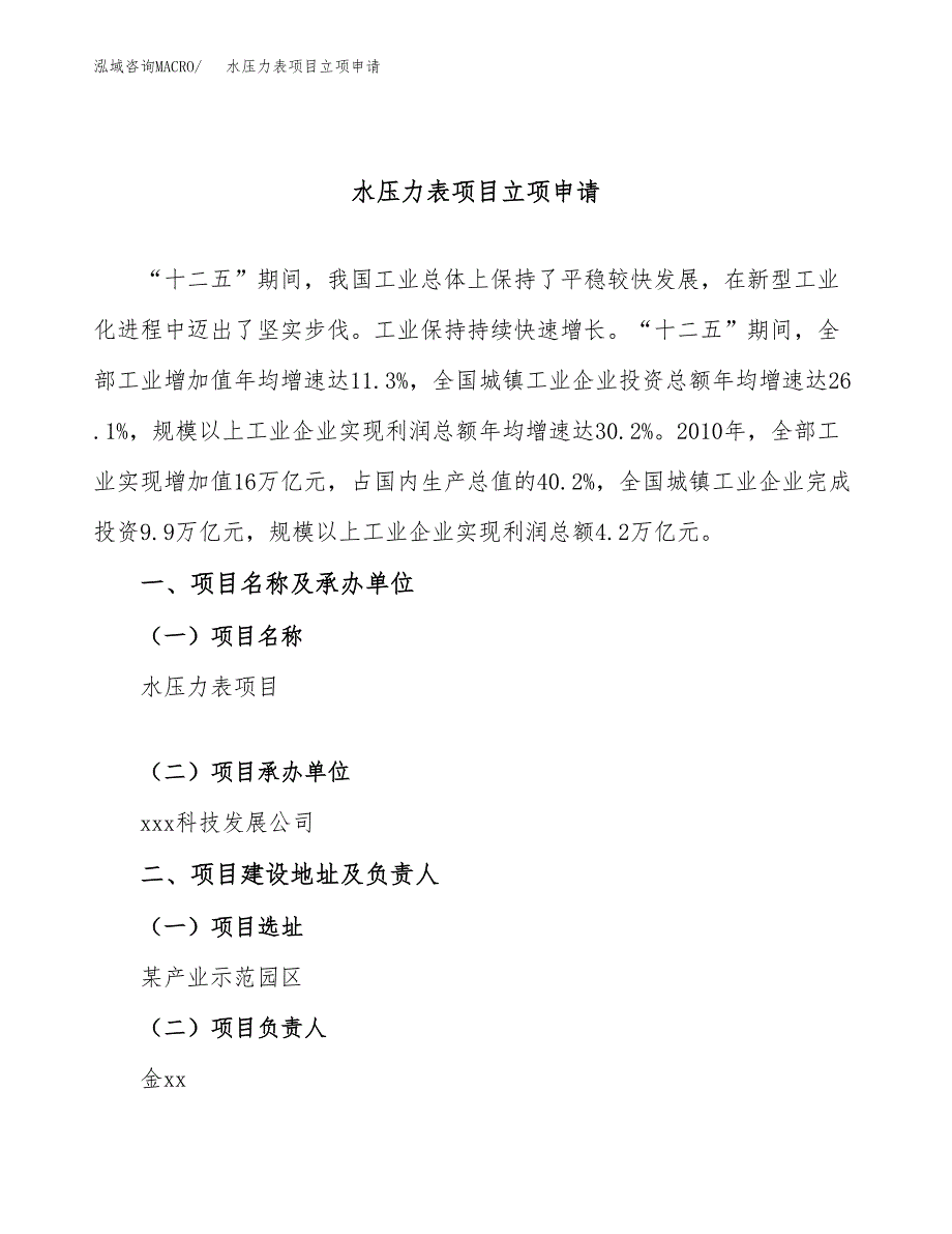 水压力表项目立项申请（案例与参考模板）_第1页