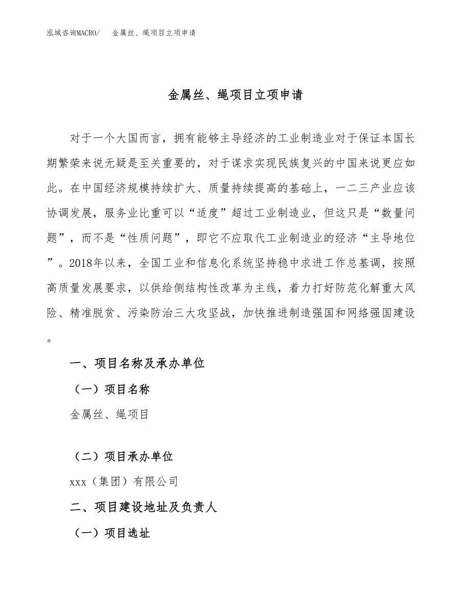 金属丝、绳项目立项申请（案例与参考模板）_第1页