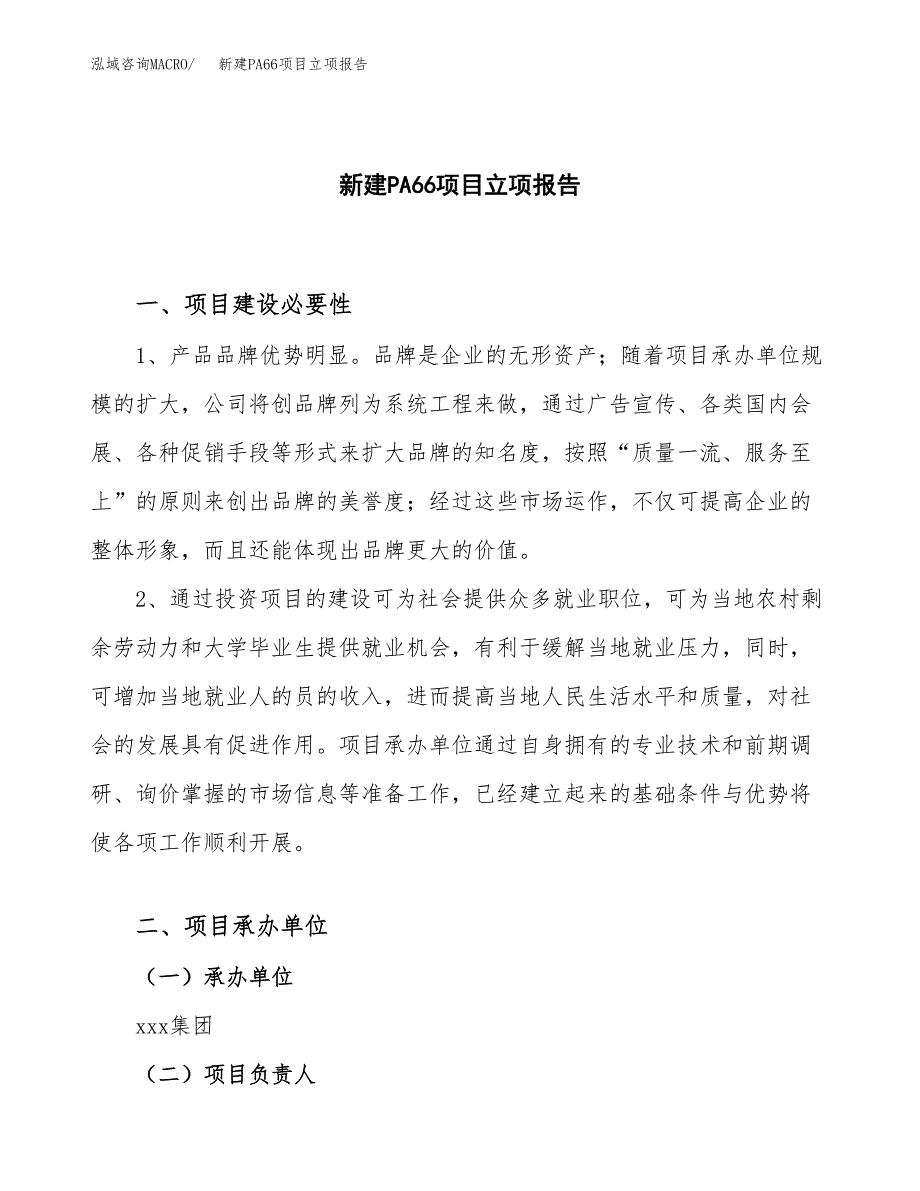 新建PA66项目立项报告模板参考_第1页