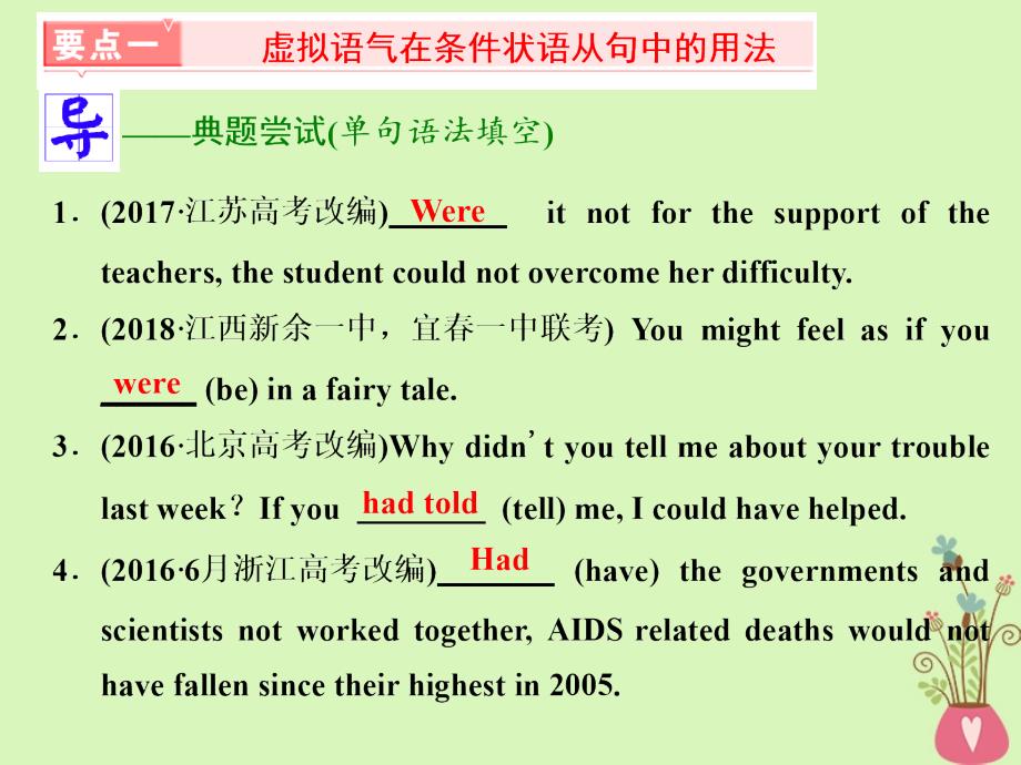 2019版高考英语一轮复习 语法专项 专题六 情态动词和虚拟语气 语法项目（二）虚拟语气课件 北师大版_第3页