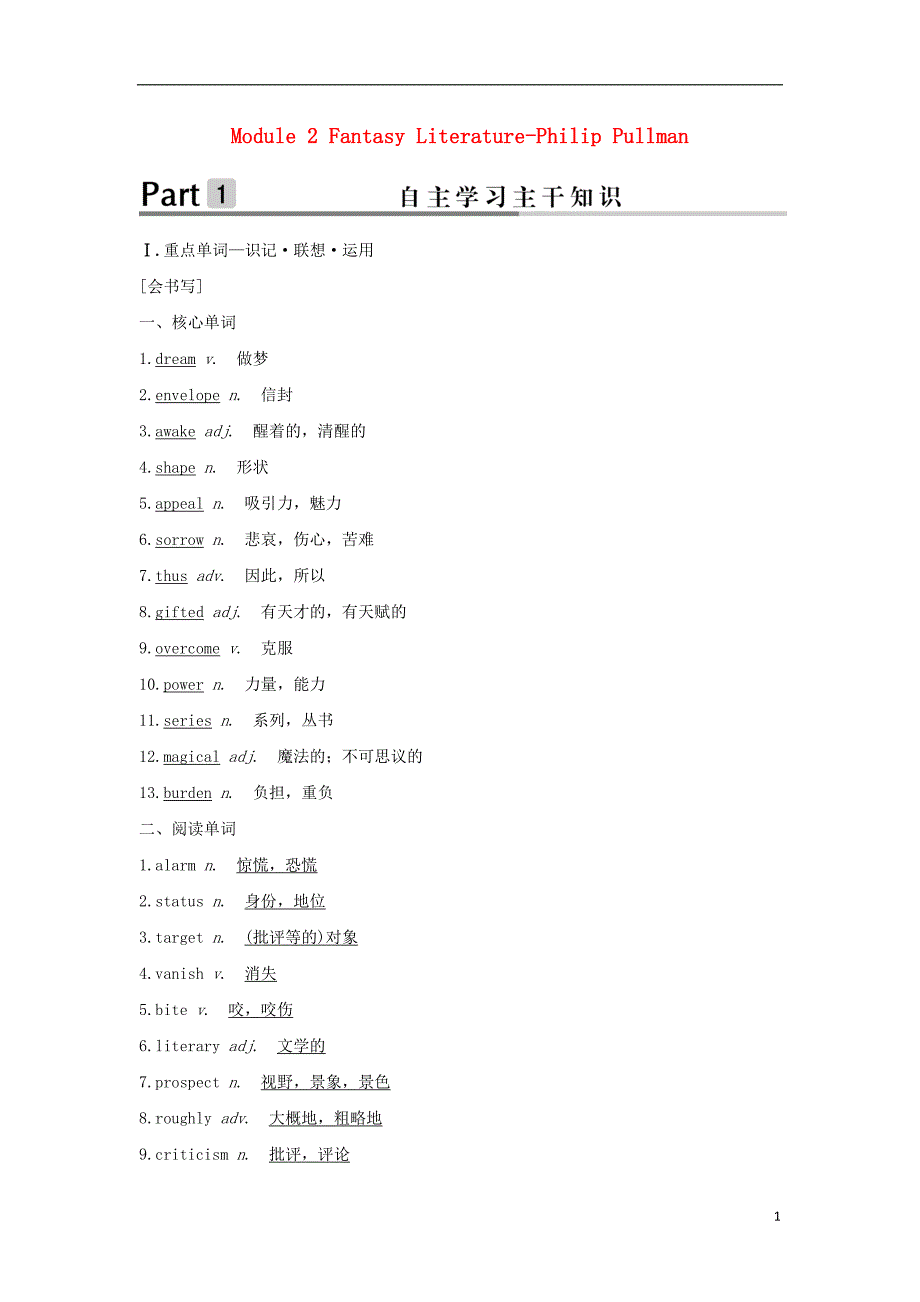 2019版高考英语大一轮复习 第一部分 module 2 fantasy literature-philip pullman课下作业 外研版选修6_第1页