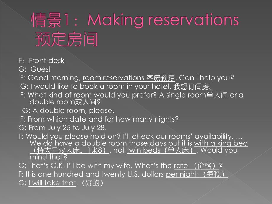 ...desk G Guest F Good morning, room reservations 客房预...PPT_第2页