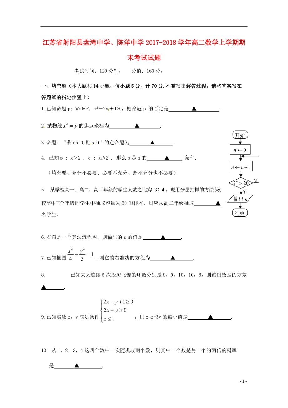 江苏省射阳县盘湾中学、陈洋中学2017-2018学年高二数学上学期期末考试试题_第1页