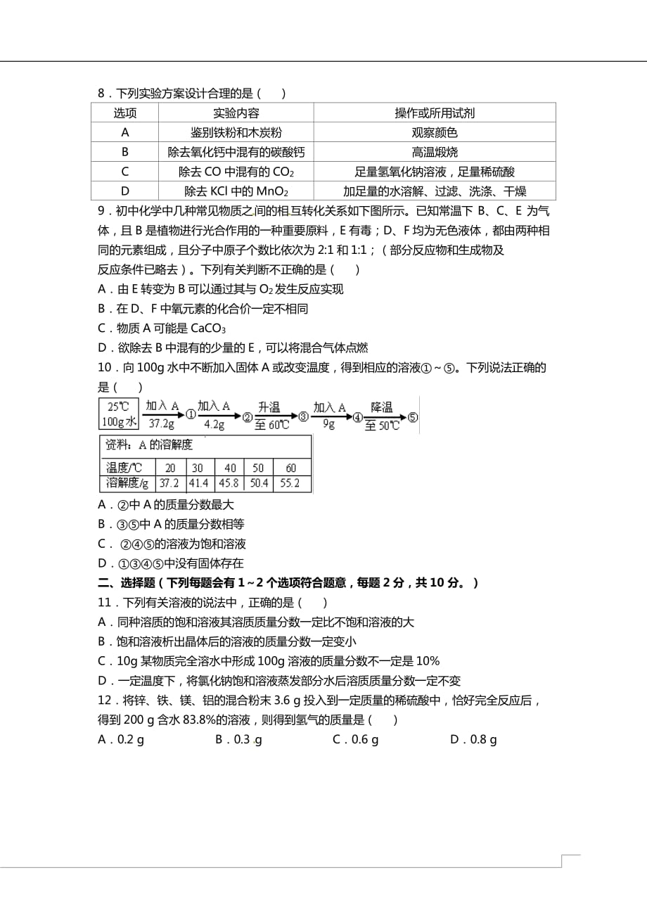 天津市2018届九年级化学上学期第二次月考试题（pdf） 新人教版_第2页
