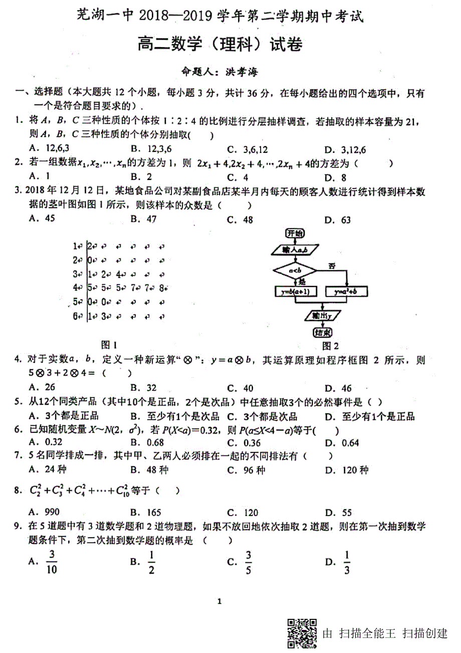 安徽省2018-2019学年高二数学下学期期中试题 理（pdf）_第1页