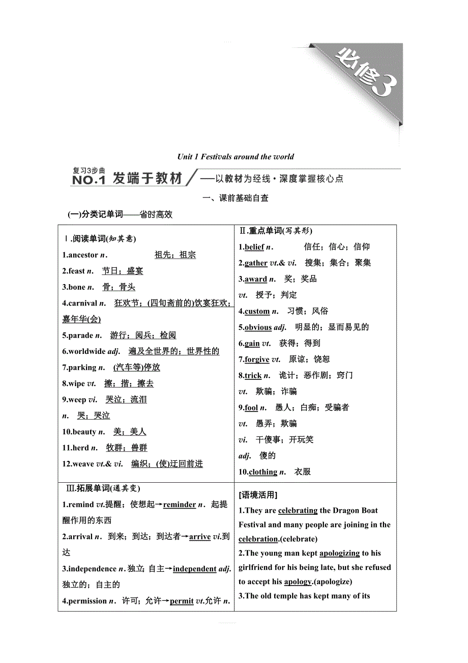 2020高考英语新创新大一轮复习人教全国版讲义必修3Unit1Festivalsaroundtheworld含答案_第1页