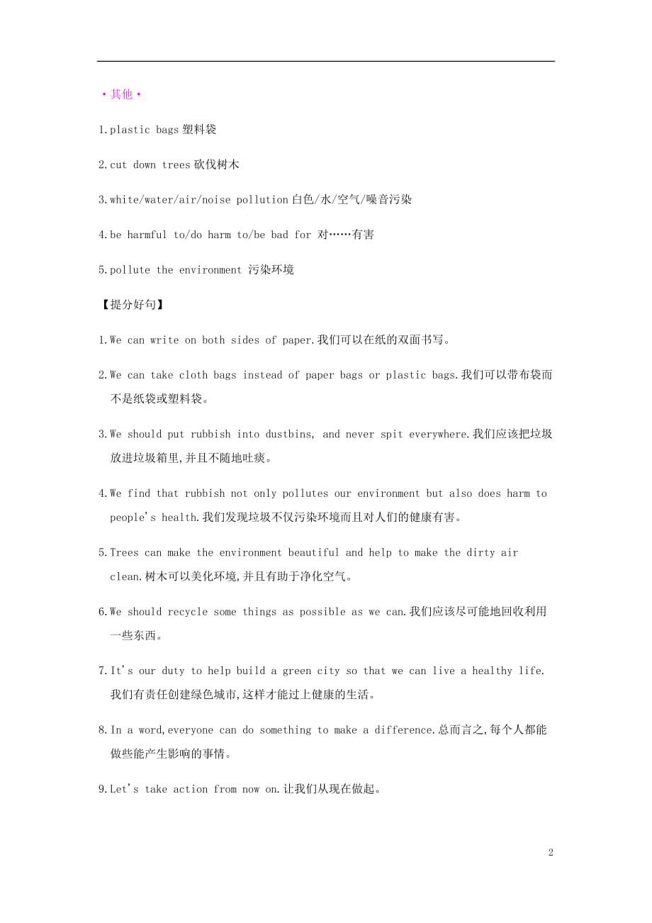 安徽省2019届中考英语总复习 第一部分 考点知识过关 第二十一讲 九上 modules 10-12写作 环境保护素材 （新版）外研版_第2页