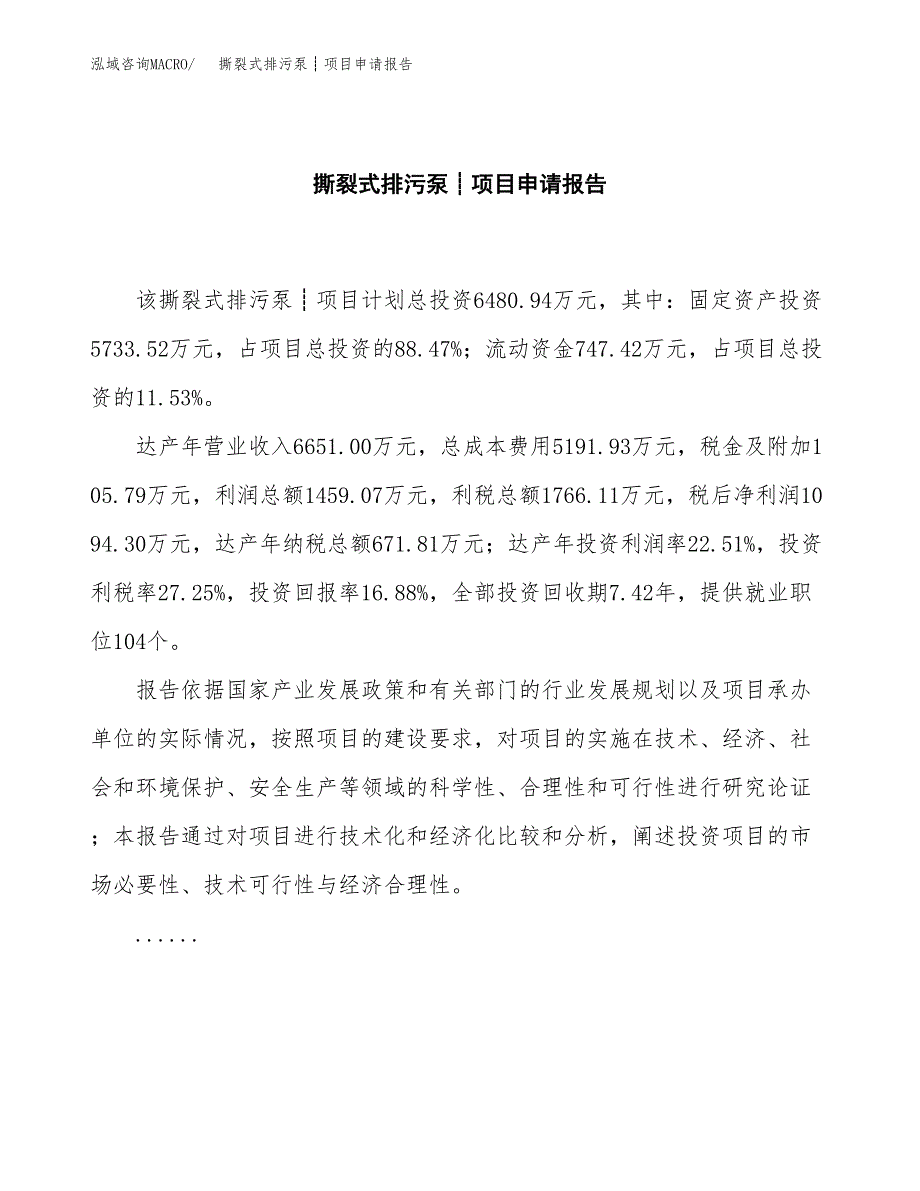 撕裂式排污泵┊项目申请报告范文（总投资6000万元）.docx_第2页