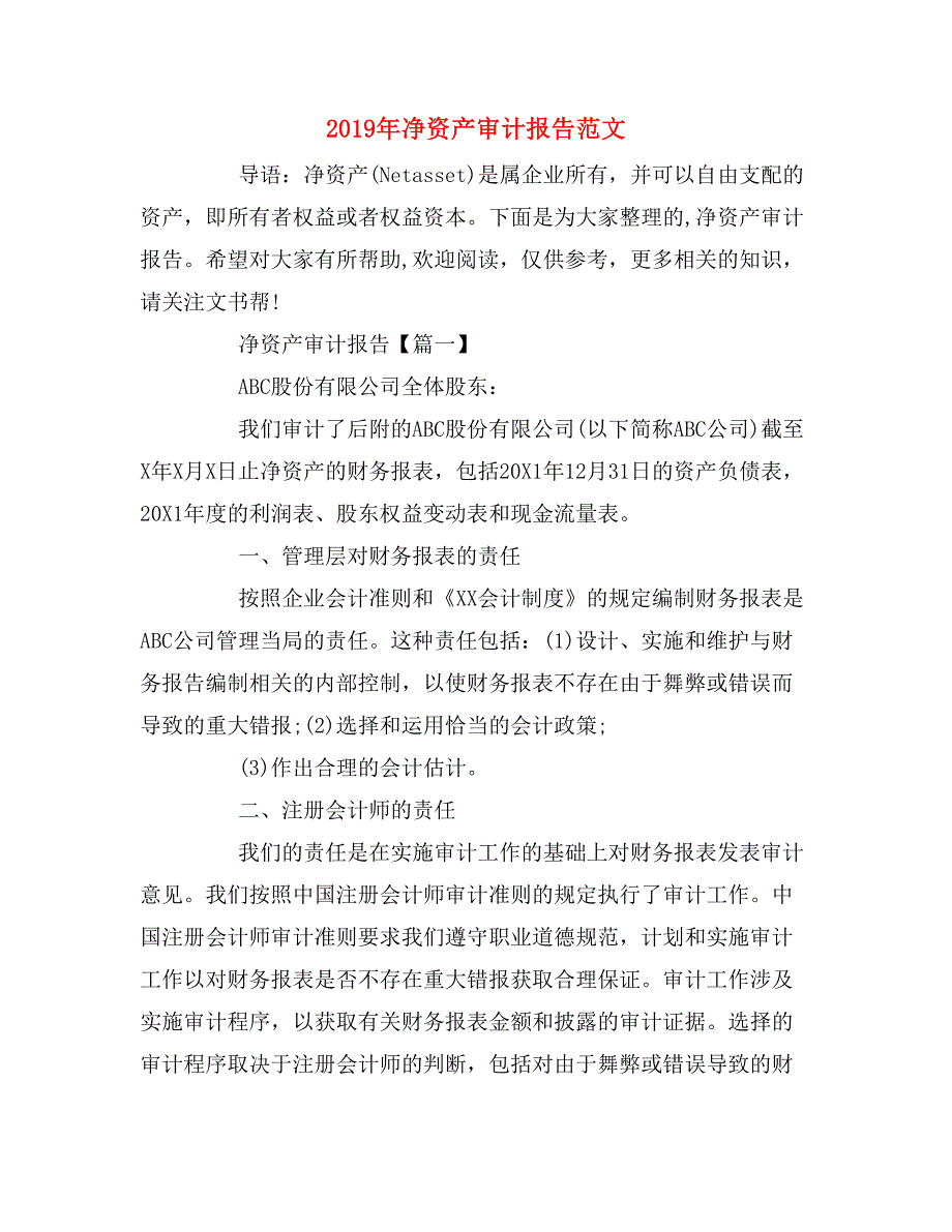 2019年净资产审计报告范文_第1页