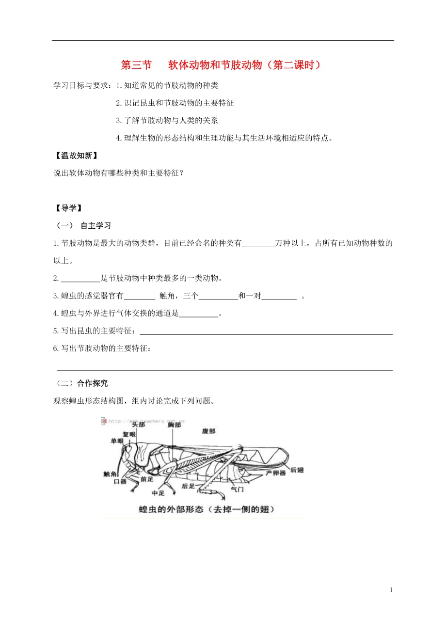 广东省河源市正德中学八年级生物上册 5.1.3 节肢动物学案（无答案）（新版）新人教版_第1页