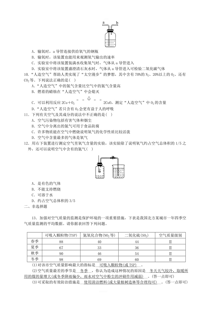 2018年秋九年级化学上册第2单元我们周围的空气测试题1（新版）新人教版_第2页