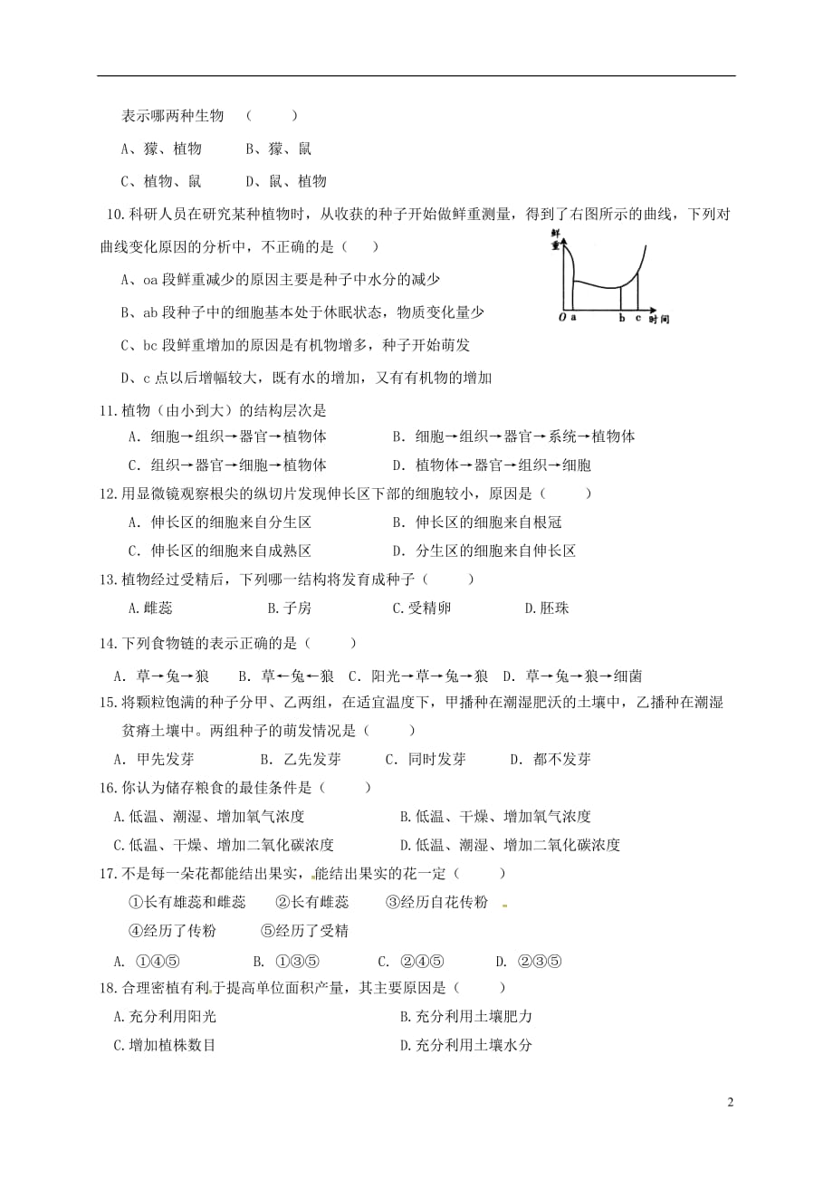 山东省临沂市七年级生物上学期期末综合练习（一）（无答案）（新版）新人教版_第2页