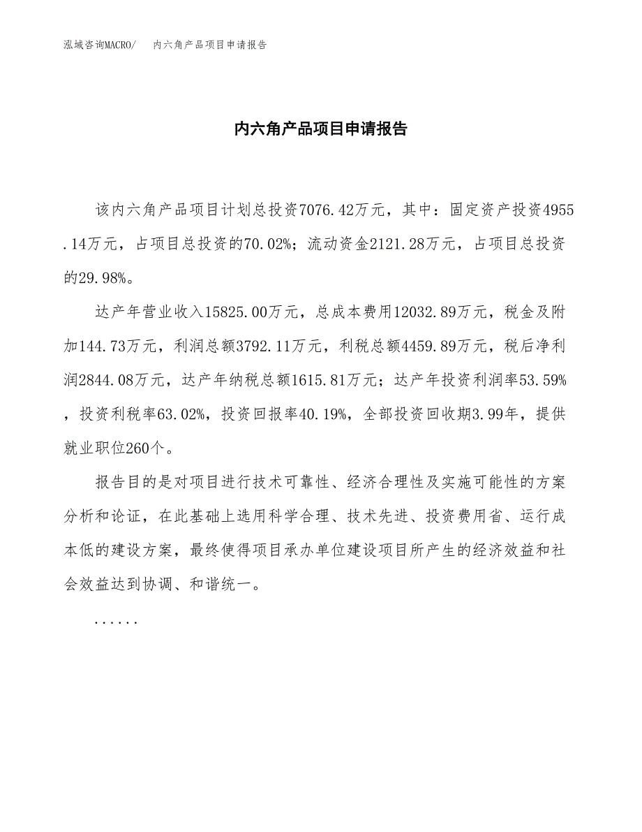 内六角产品项目申请报告范文（总投资7000万元）.docx_第2页