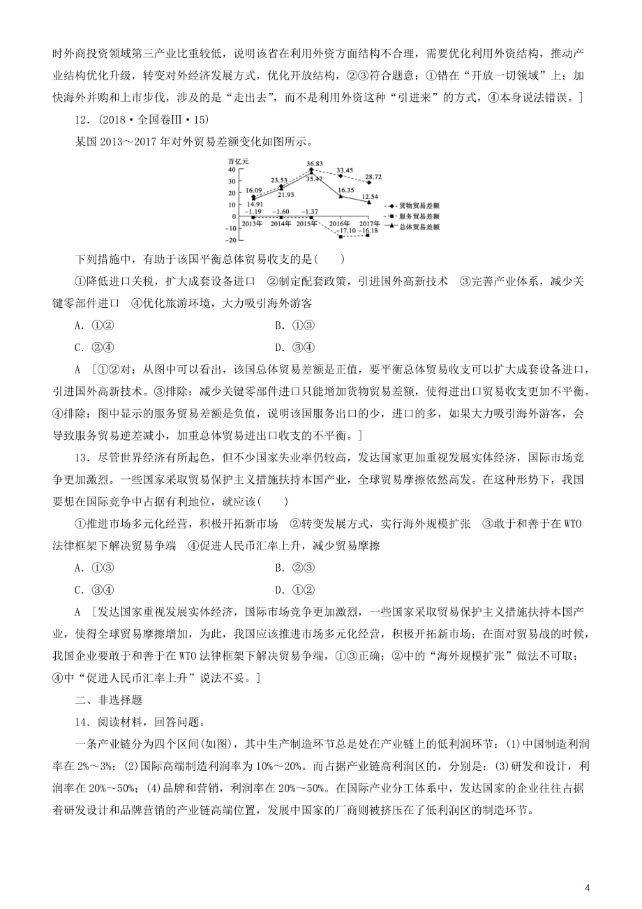 备战2020年高考政治一轮复习 第十一课 经济全球化与对外开放作业（含解析）_第4页