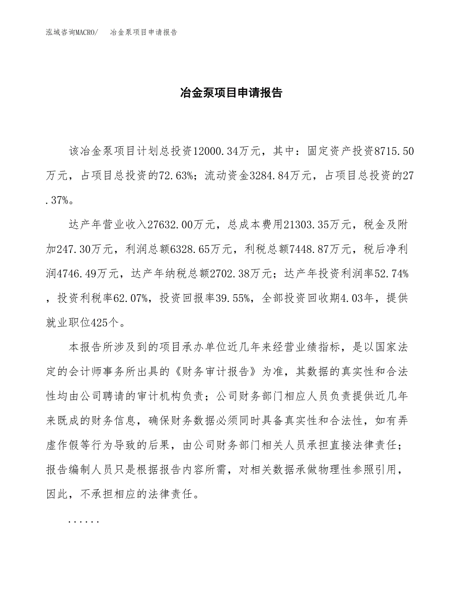 冶金泵项目申请报告范文（总投资12000万元）.docx_第2页