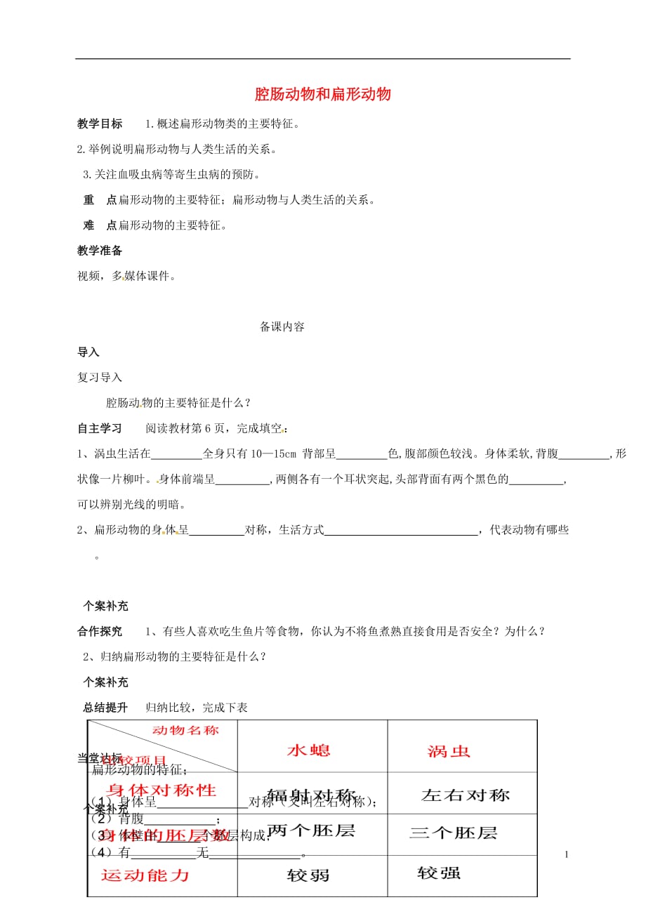 天津市八年级生物上册 5.1.1 腔肠动物和扁形动物（第2课时）导学案（无答案）（新版）新人教版_第1页