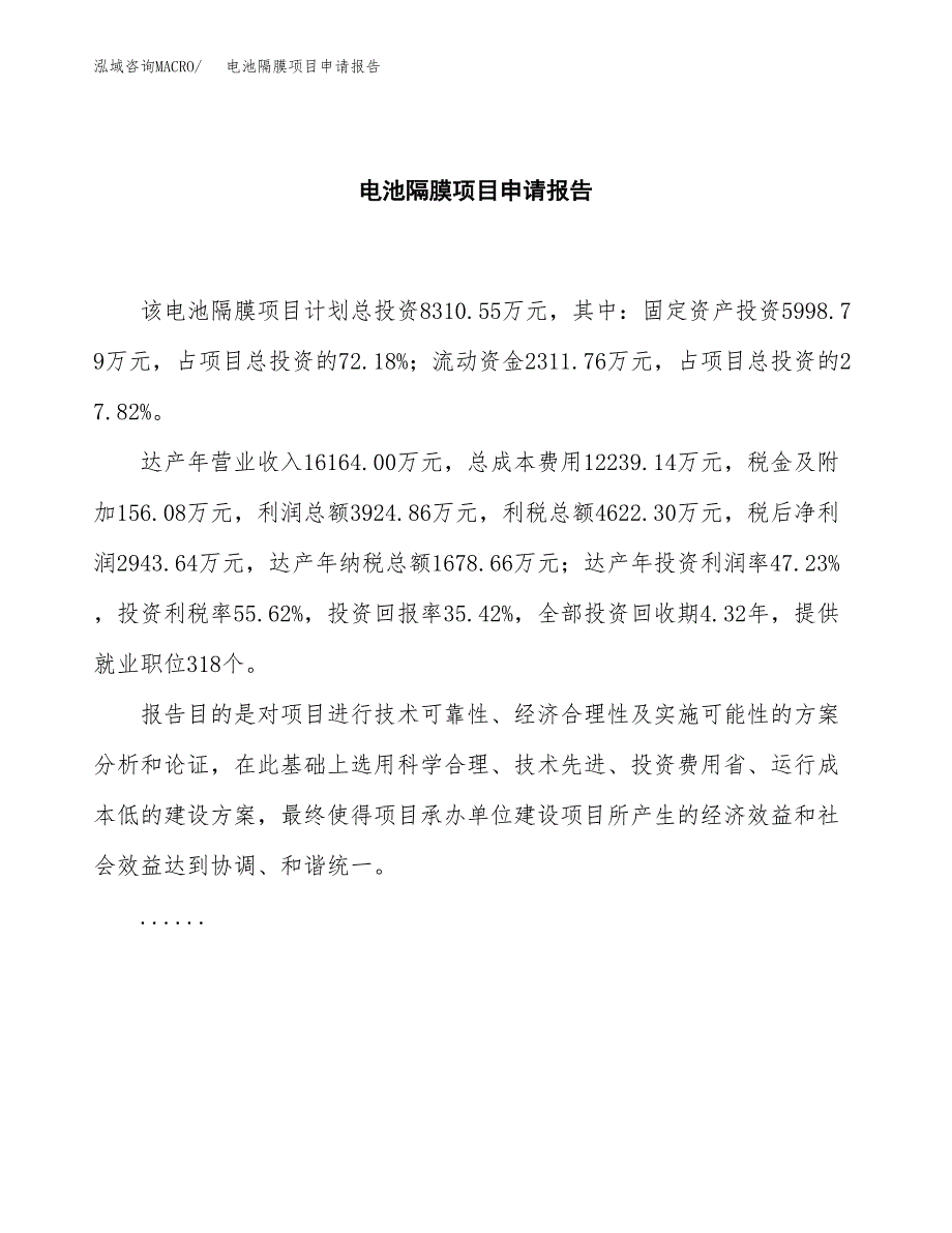 电池隔膜项目申请报告范文（总投资8000万元）.docx_第2页