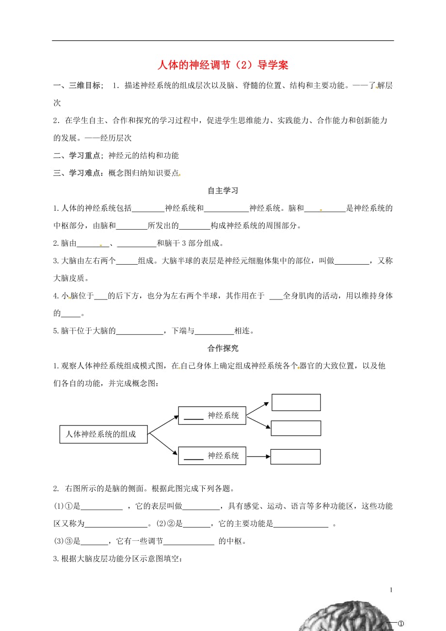 陕西省千阳县南寨镇初级中学八年级生物上册 6.16.1 人体的神经调节导学案2（无答案）（新版）苏科版_第1页