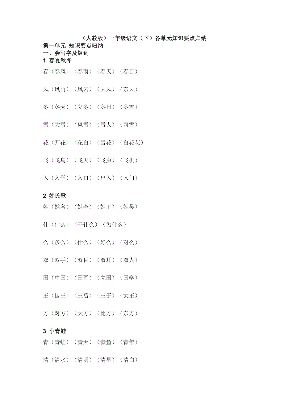 人教版一年级语文下册各单元知识要点归纳_第1页