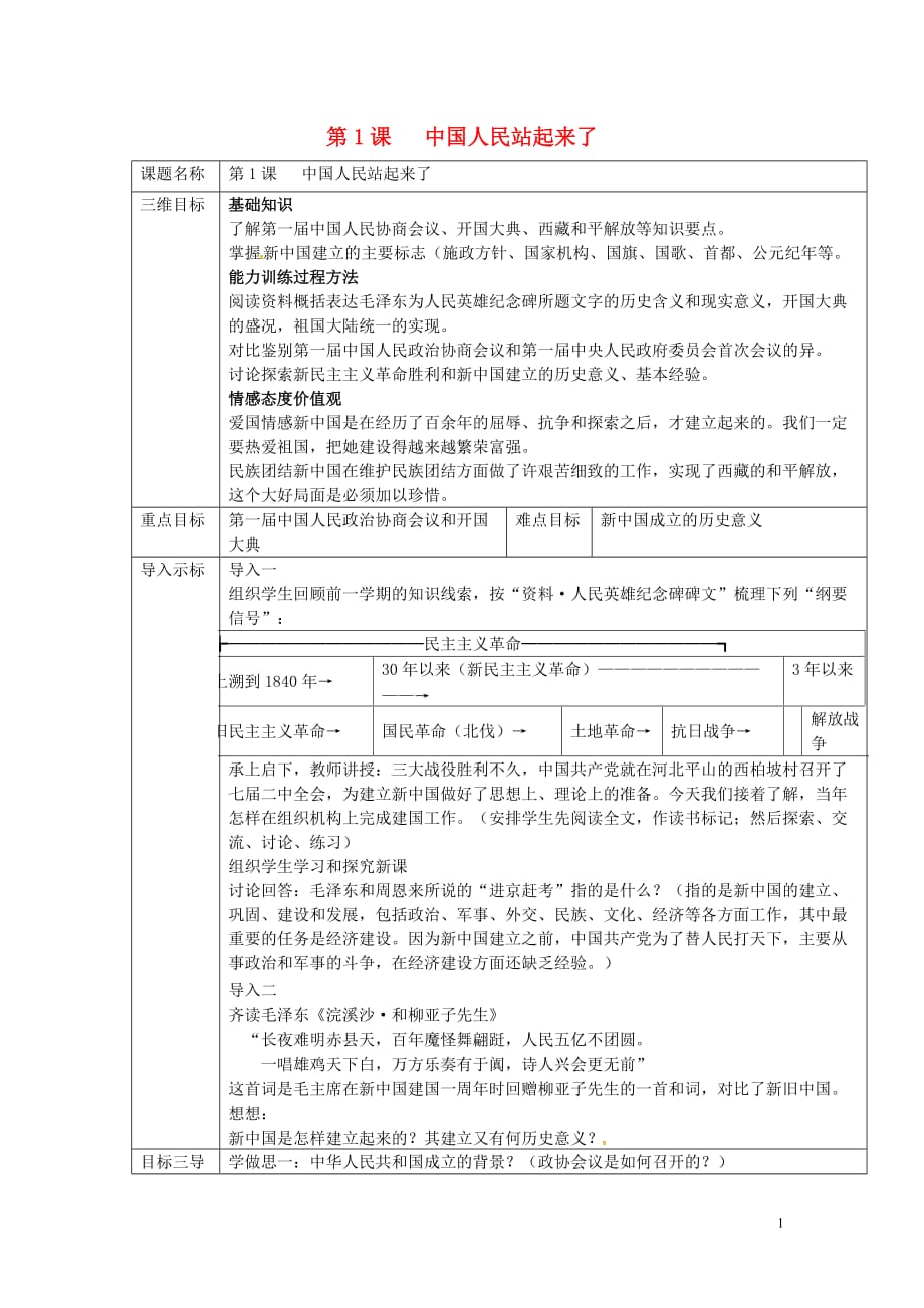 重庆市沙坪坝区八年级历史下册 第1课 中国人站起来了教案 川教版_第1页