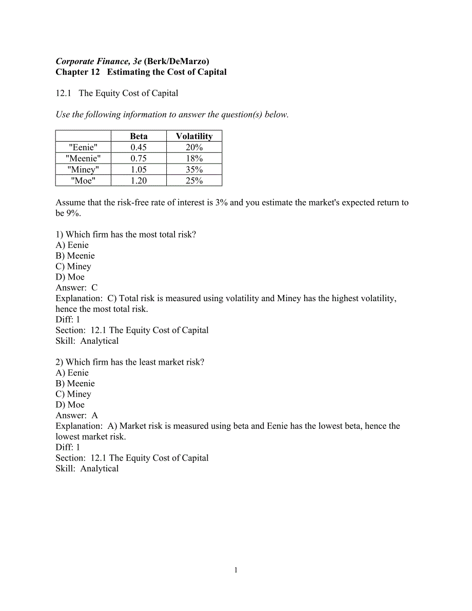 公司理财 课后习题及答案chapter 12   estimating the cost of capital_第1页