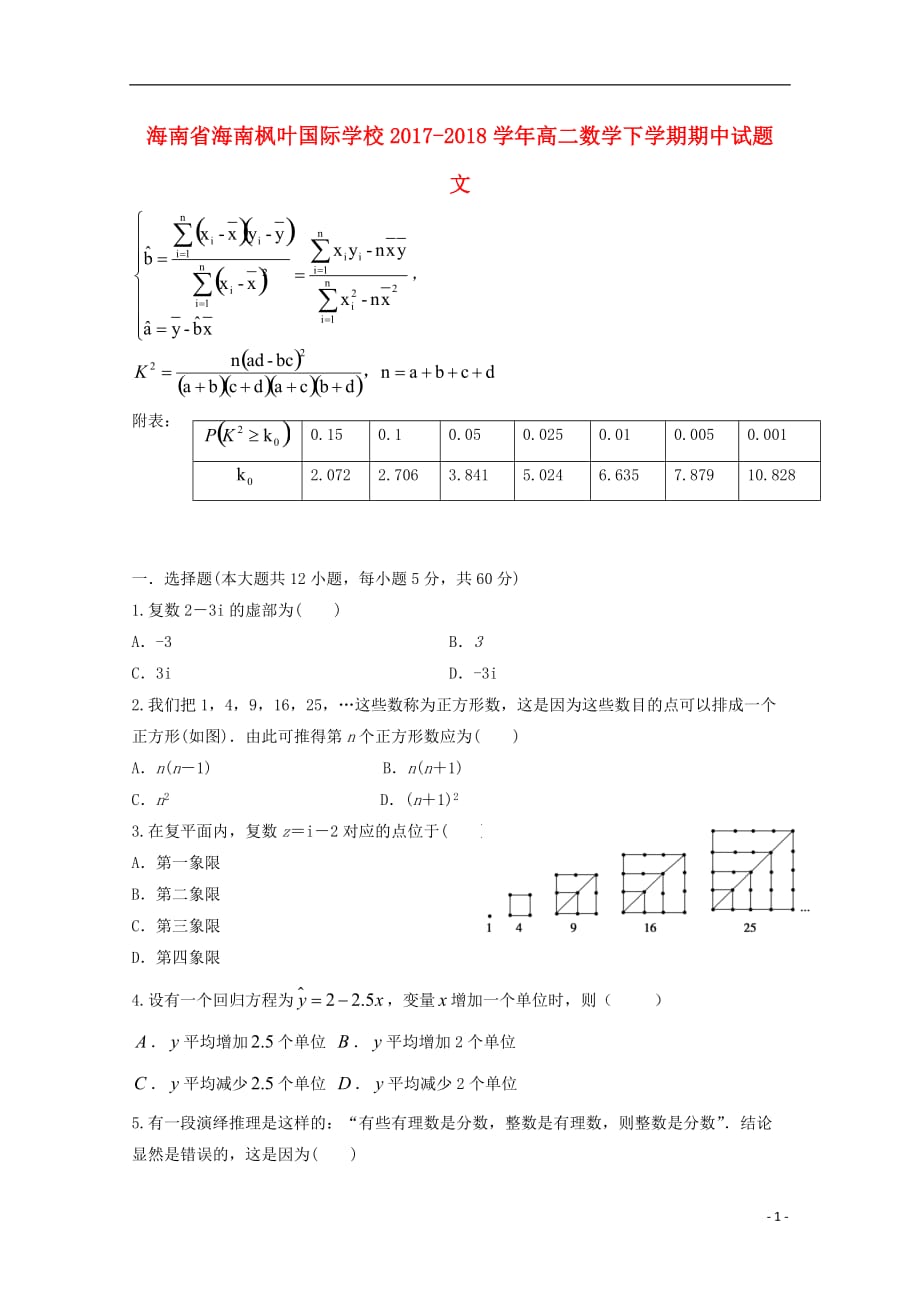 海南省海南枫叶国际学校2017-2018学年高二数学下学期期中试题 文_第1页