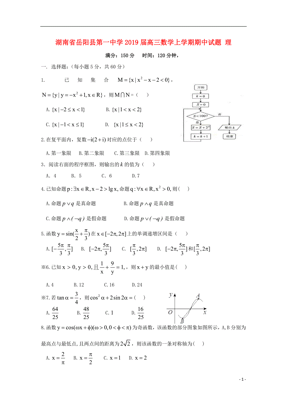 湖南省2019届高三数学上学期期中试题 理_第1页