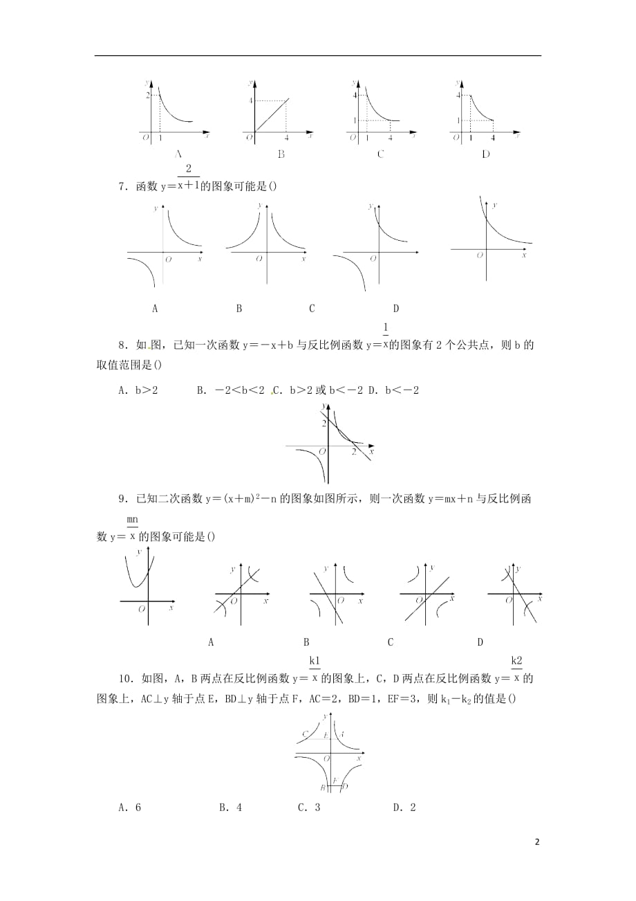 2018年九年级数学下册 第二十六章 反比例函数章末复习课后作业 （新版）新人教版_第2页