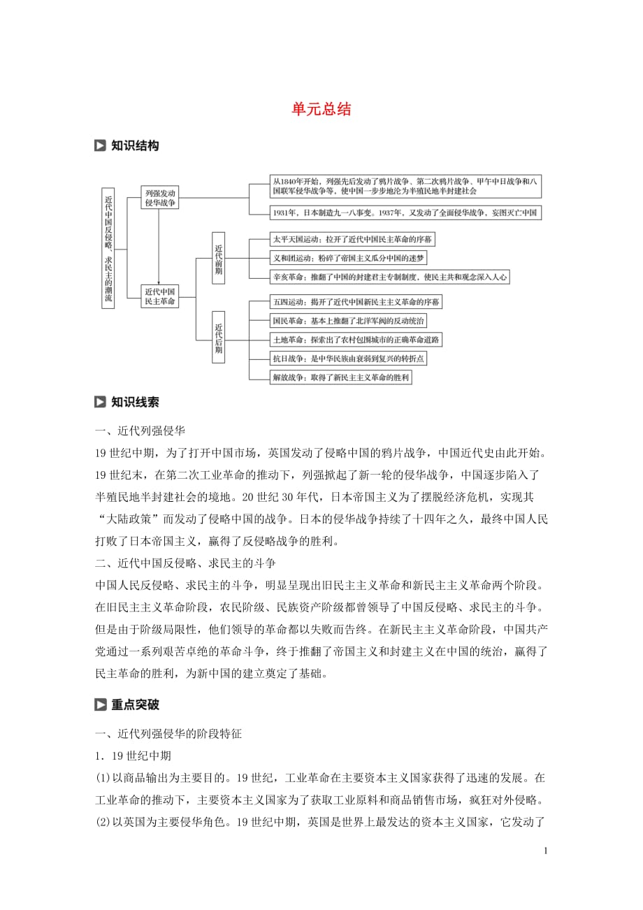 2019-2020学年高中历史 第四单元 近代中国反侵略、求民主的潮流单元总结学案（含解析）新人教版必修1_第1页